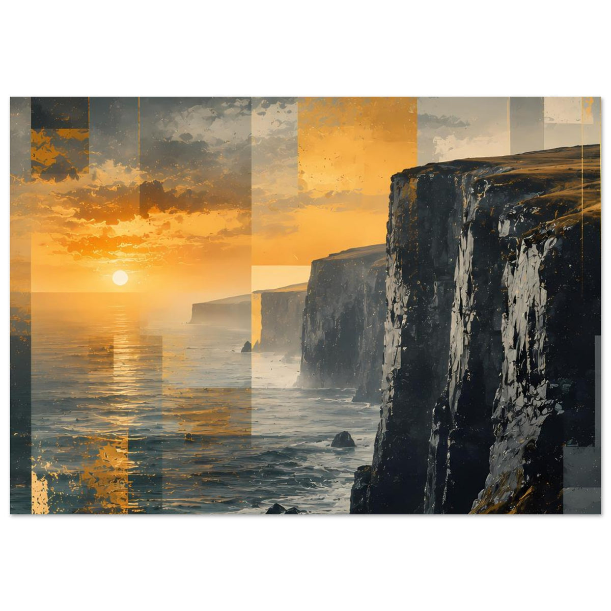 Querformat-Poster: Sonnenuntergang am Meer, Blick auf hohe Felsklippen, orange und grau