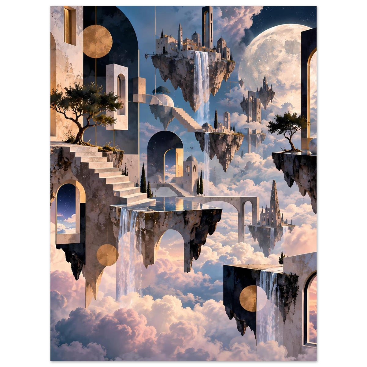Surrealer Poster mit schwebenden Felsinseln, Türmen und Mond über einer Wolkendecke