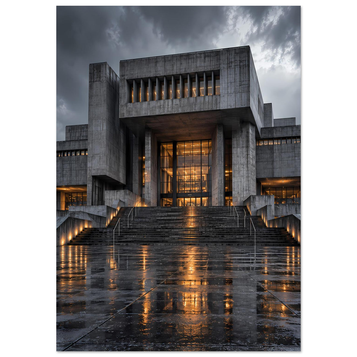 Hochformatiges Architekturposter mit Treppenanlage und beleuchteter Eingangshalle im Betonbau
