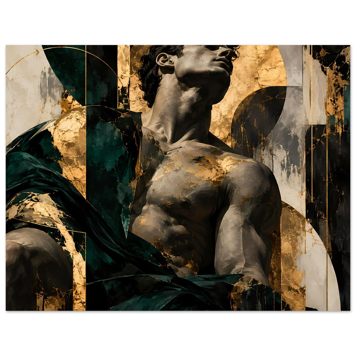 Kunstposter mit Statue im Fokus, graue Figur vor dunkelgrünen und goldfarbenen Flächen