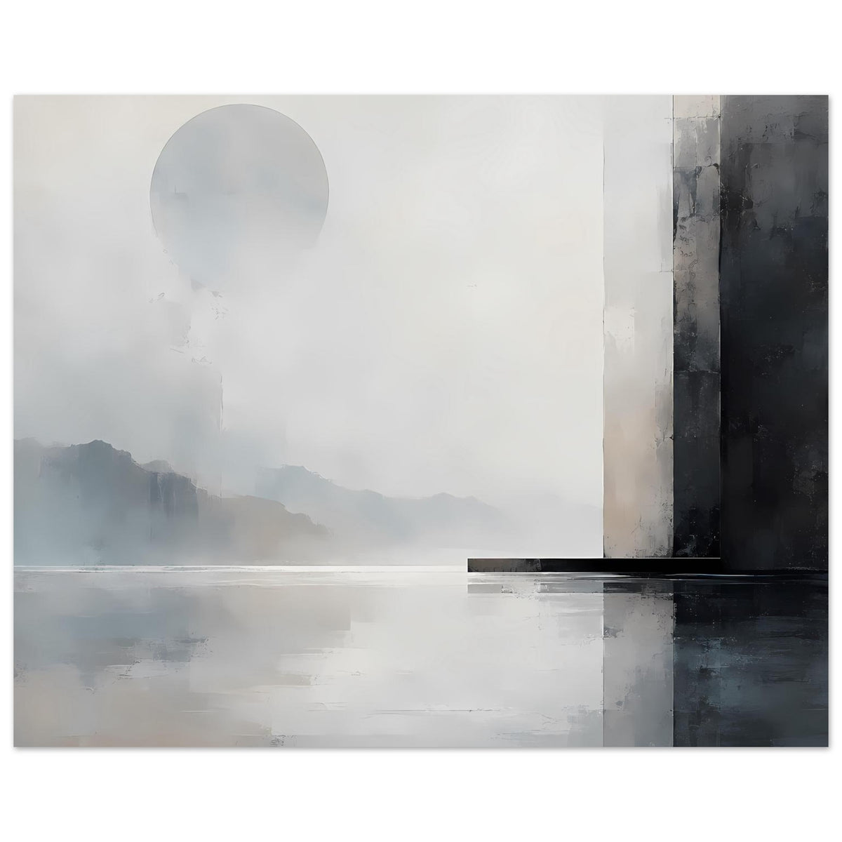 Monochromes Landschafts-Poster mit hellem Kreis, Bergnebel, spiegelndem Wasser und dunkler Säule
