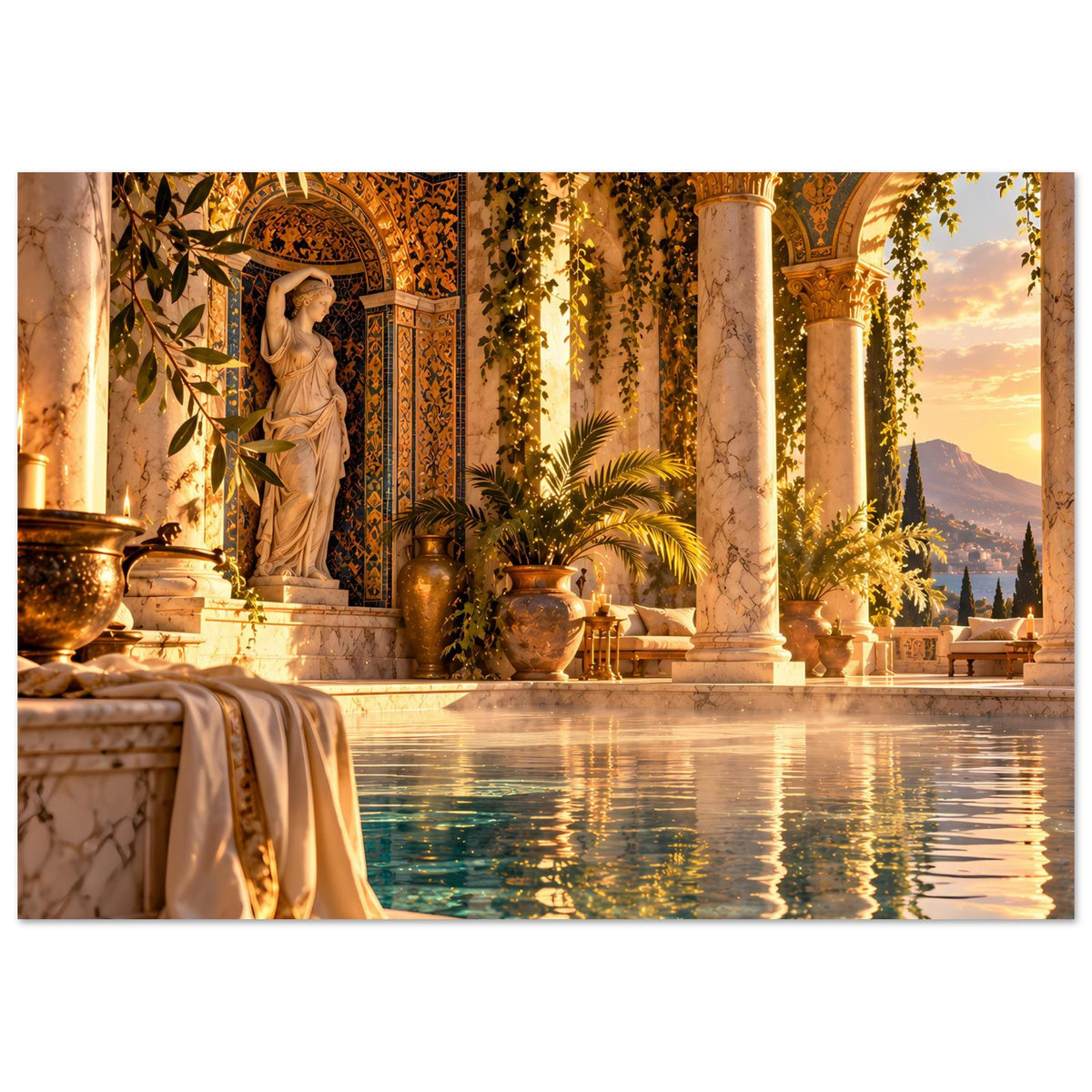 Mediterranes Pool-Poster: goldene Bögen, Statue, Pflanzen und reflektierender Pool im Vordergrund