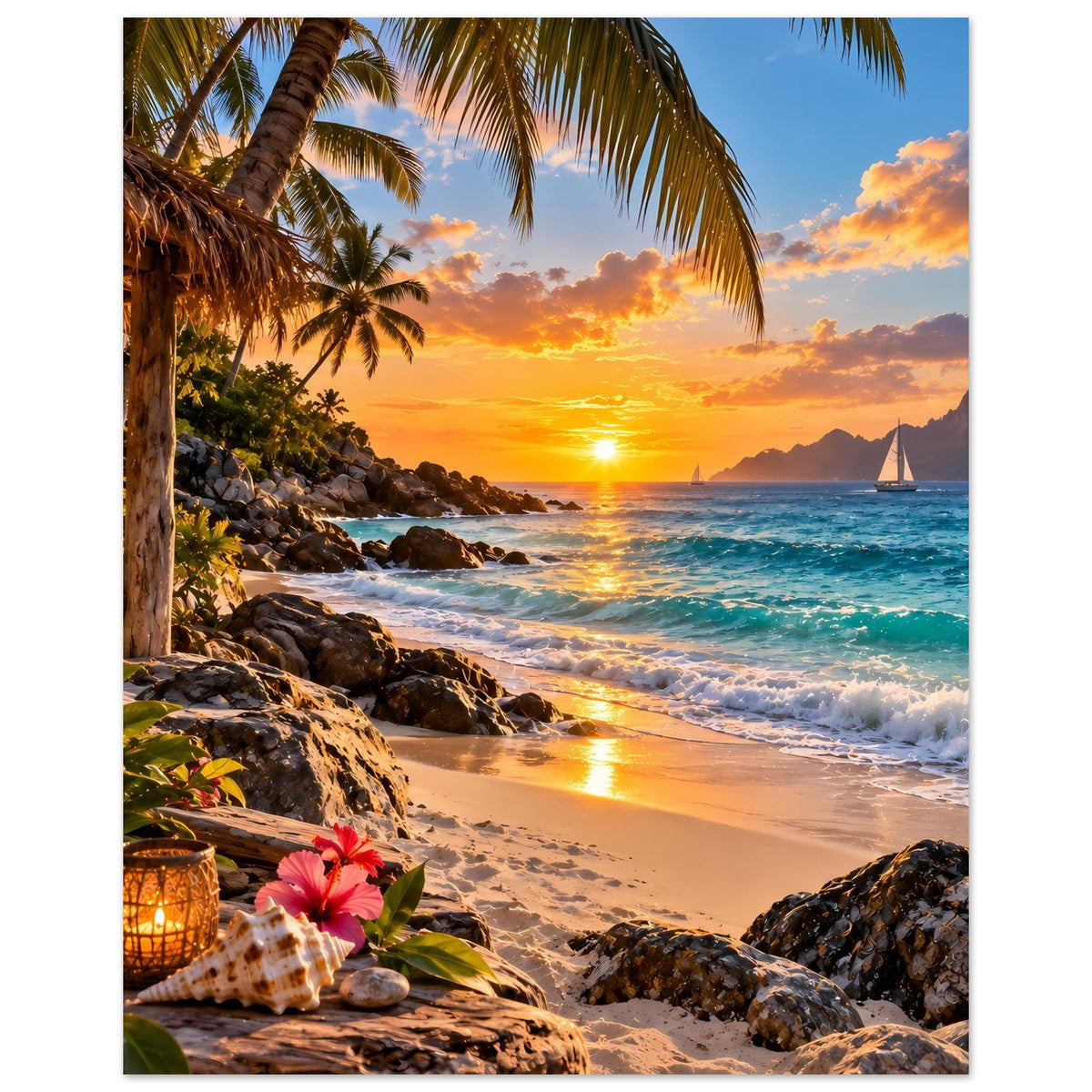 Tropisches Strand-Sonnenuntergangs-Poster mit Palmen, Felsen, Wellen und Strandstrand