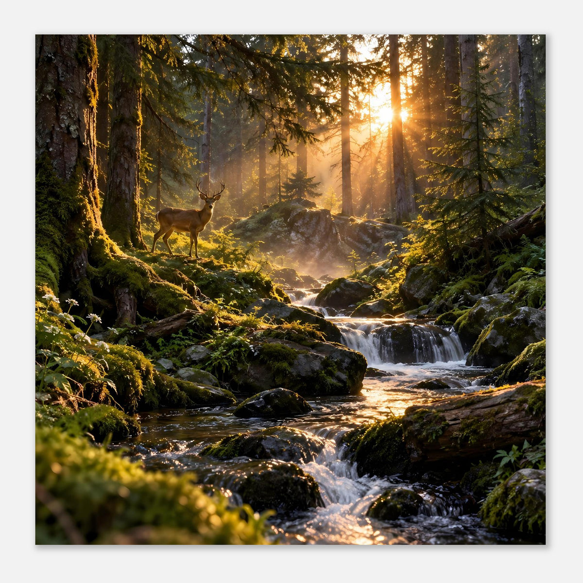 Hochformatposter: Hirsch am Waldrand, fließender Bach, Sonnenaufgang über den Bäumen