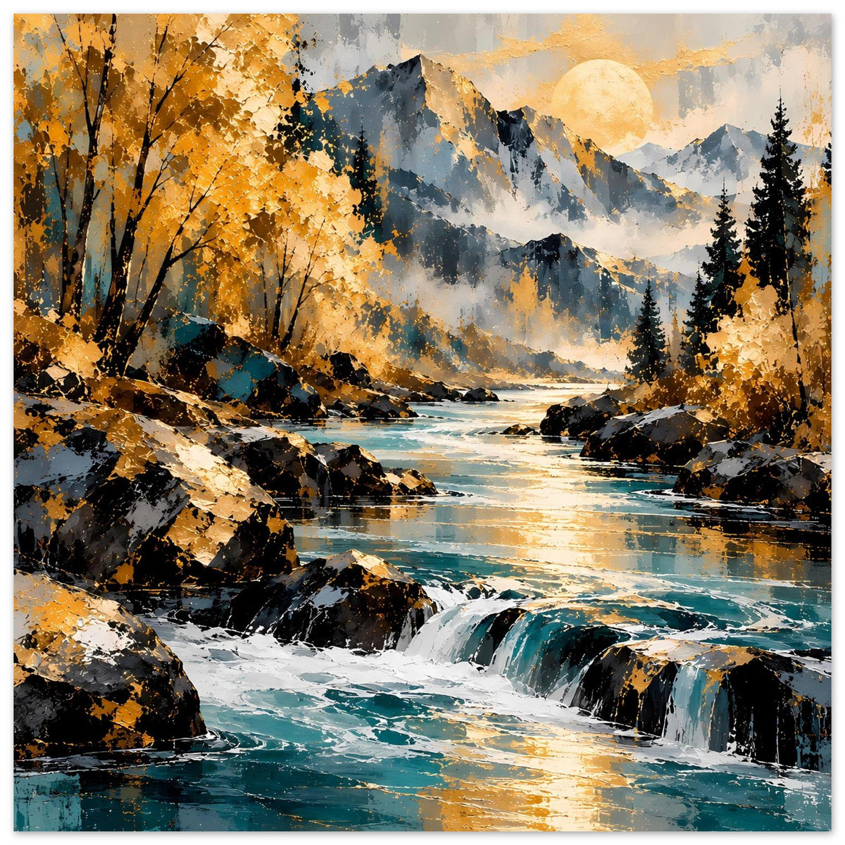 Herbstlandschafts-Poster mit Fluss, Wasserfall, Bergen, goldenen Bäumen und Mondlicht