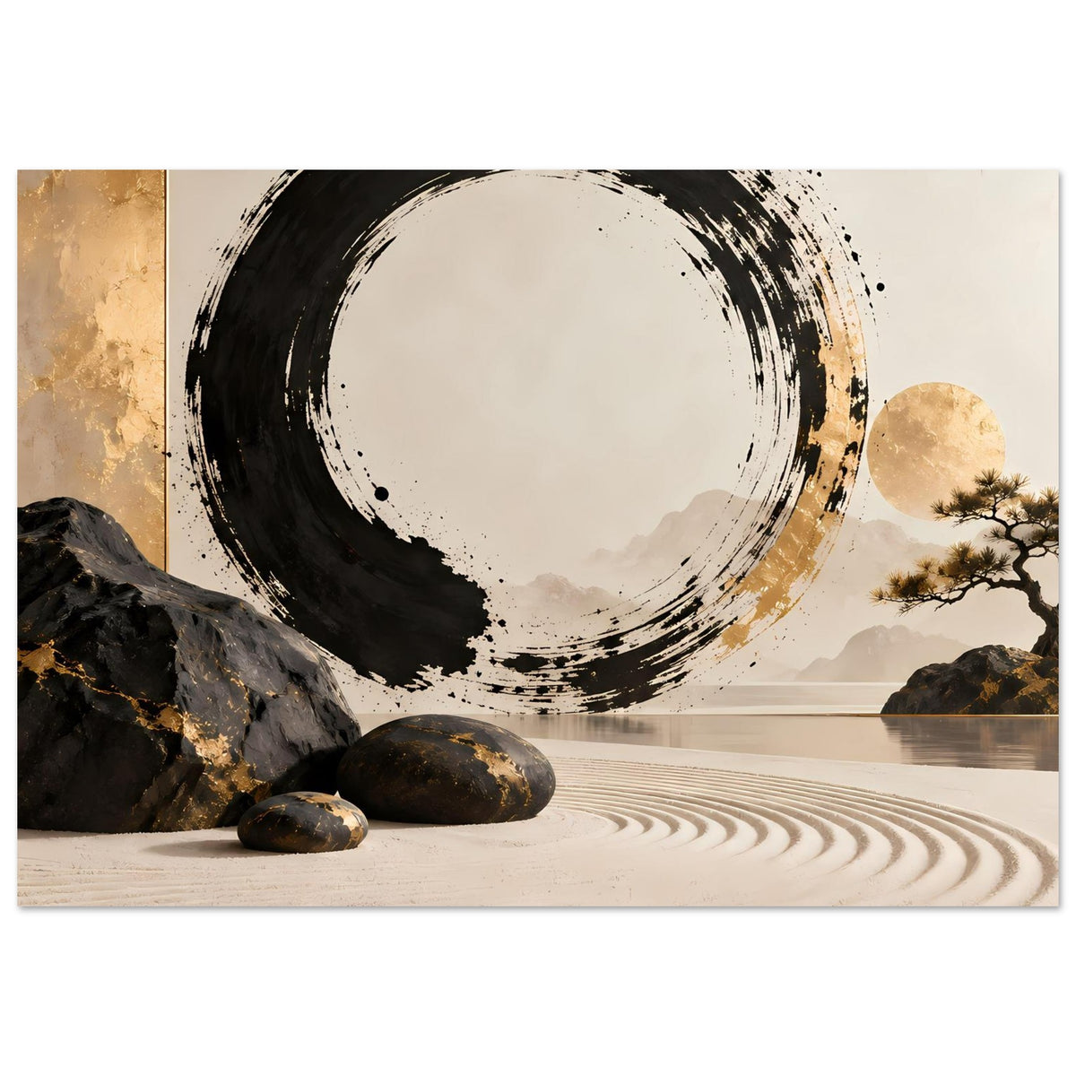 Schwarz-goldenes Zen-Wandbild mit schwungvollem Pinselstrich