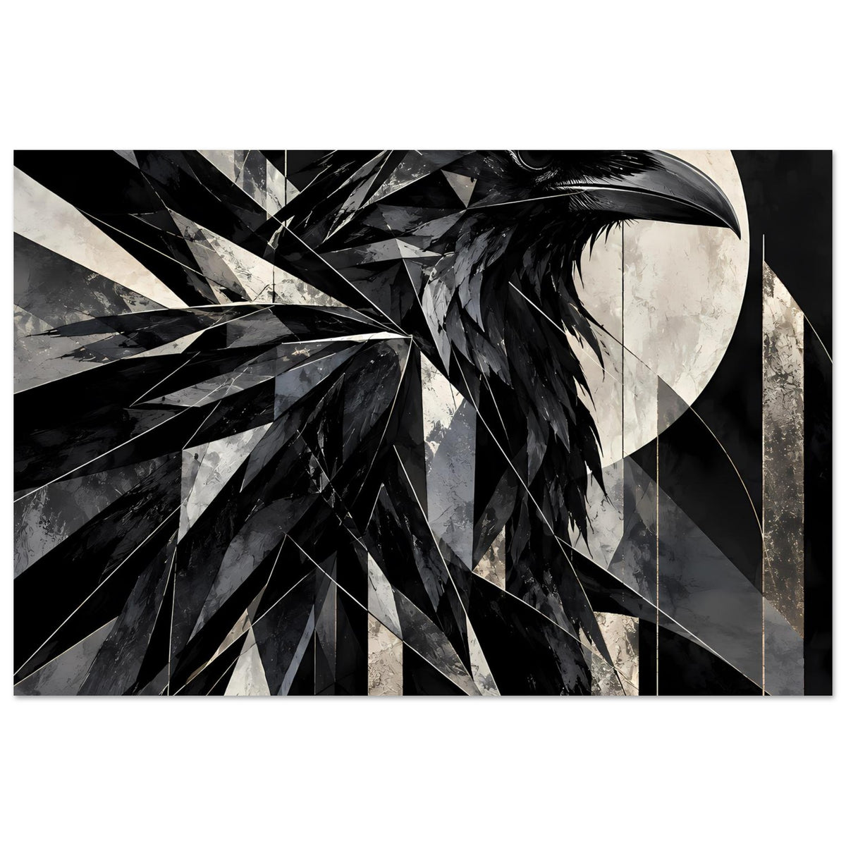 Kunstposter mit Rabenkopf oben rechts, geometrische Schwarz-Weiß-Flächen und Linien