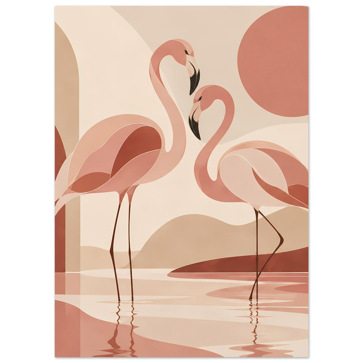 Naturposter mit zwei Flamingos in warmen Braun- und Rosatönen, geometrische Hintergründe