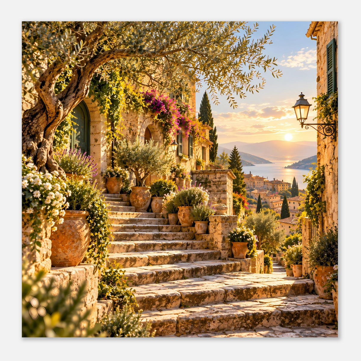 Kunstposter im Hochformat: mediterrane Treppe mit Pflanzentöpfen, Blumen und Laterne rechts