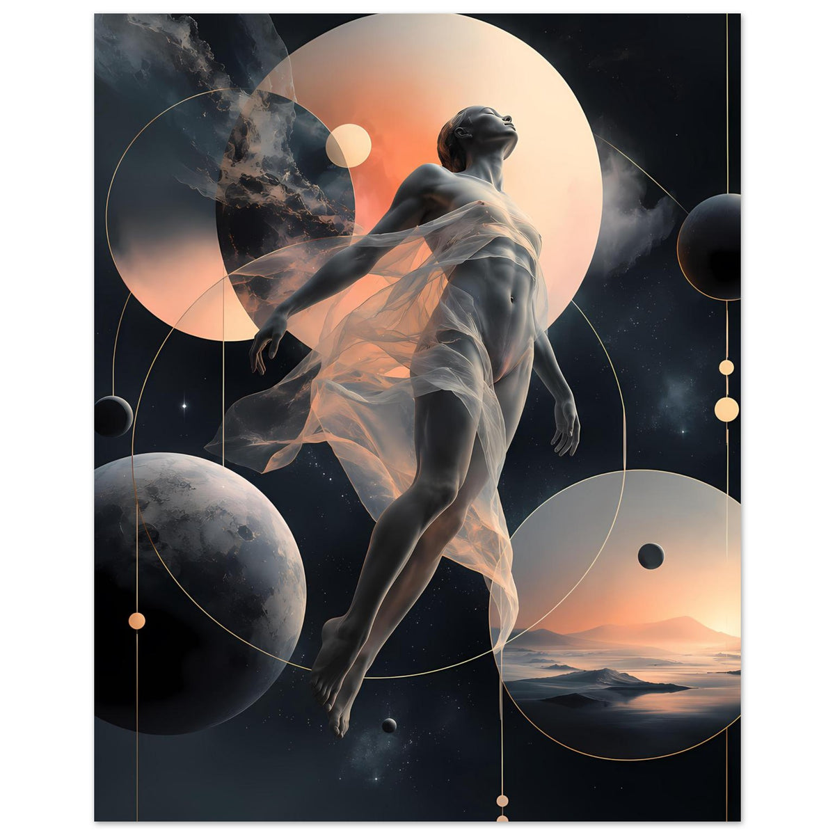 Rechteckiges Poster mit abstrakter Frauengestalt, Schleier über dem Körper und kreisförmigen Planeten