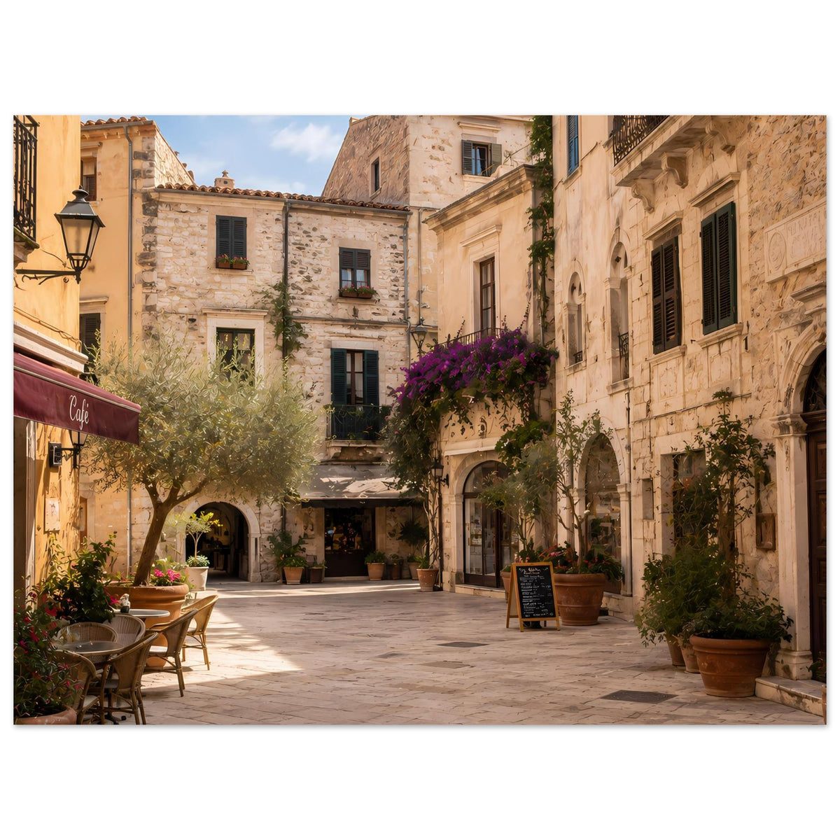 Wandposter mit mediterraner Altstadtgasse, Torbogen, Töpfen und Lila-Blütenstrauch