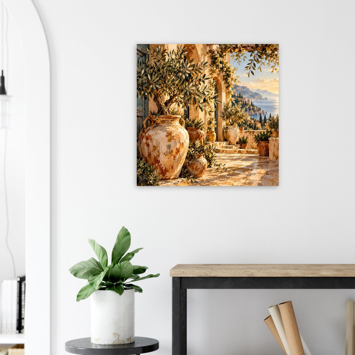Mediterranes Poster mit Terrakotta-Krug und Olivenzweigen entlang des Terrassenwegs.