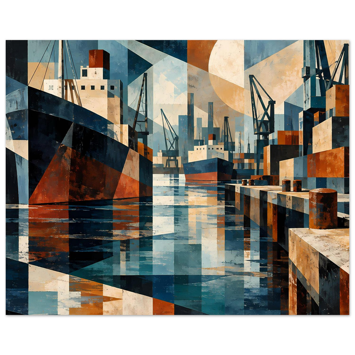 Kunstposter im Querformat mit geometrischer Hafenszene: Kräne, Docks und Spiegelwasser