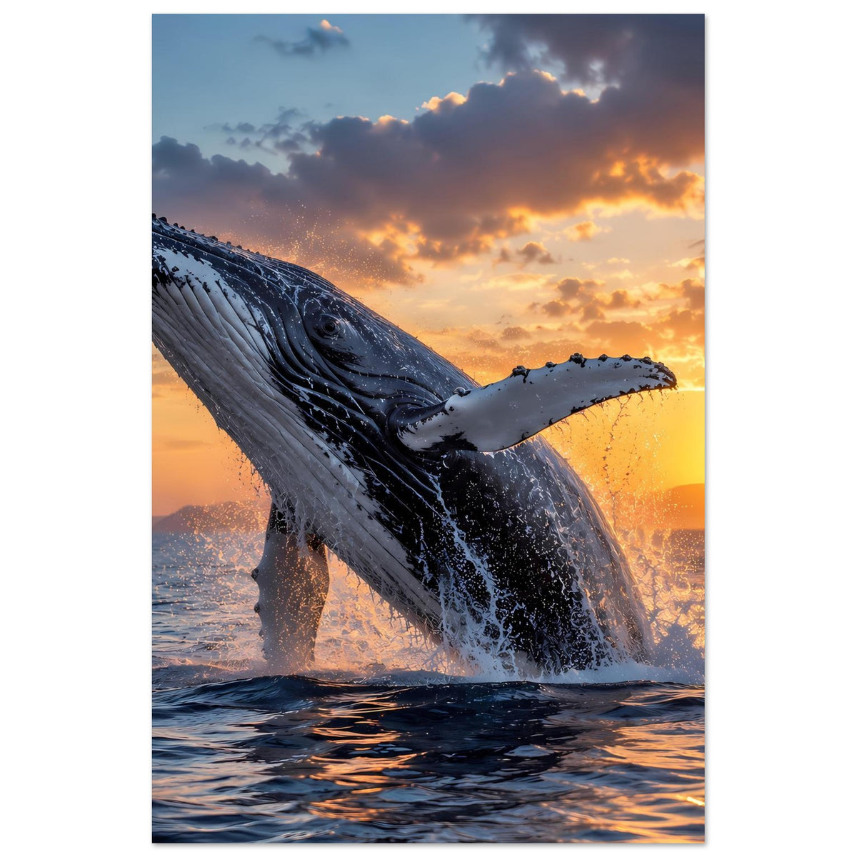 Hochformat-Poster: springender Buckelwal mit gesprenkeltem Fell und Spritzwasser