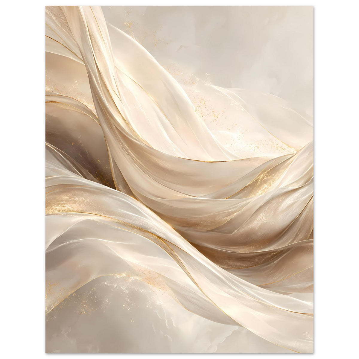 Abstraktes Leinwand-Poster mit cremefarbenen Wellenlinien und zarten goldenen Linien