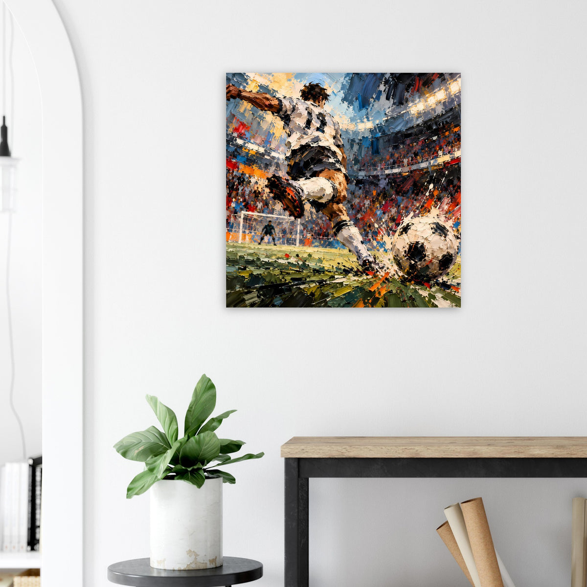 Quadratisches Fußball-Actionposter mit Ball am Fuß, dynamischer Pinsel-Look