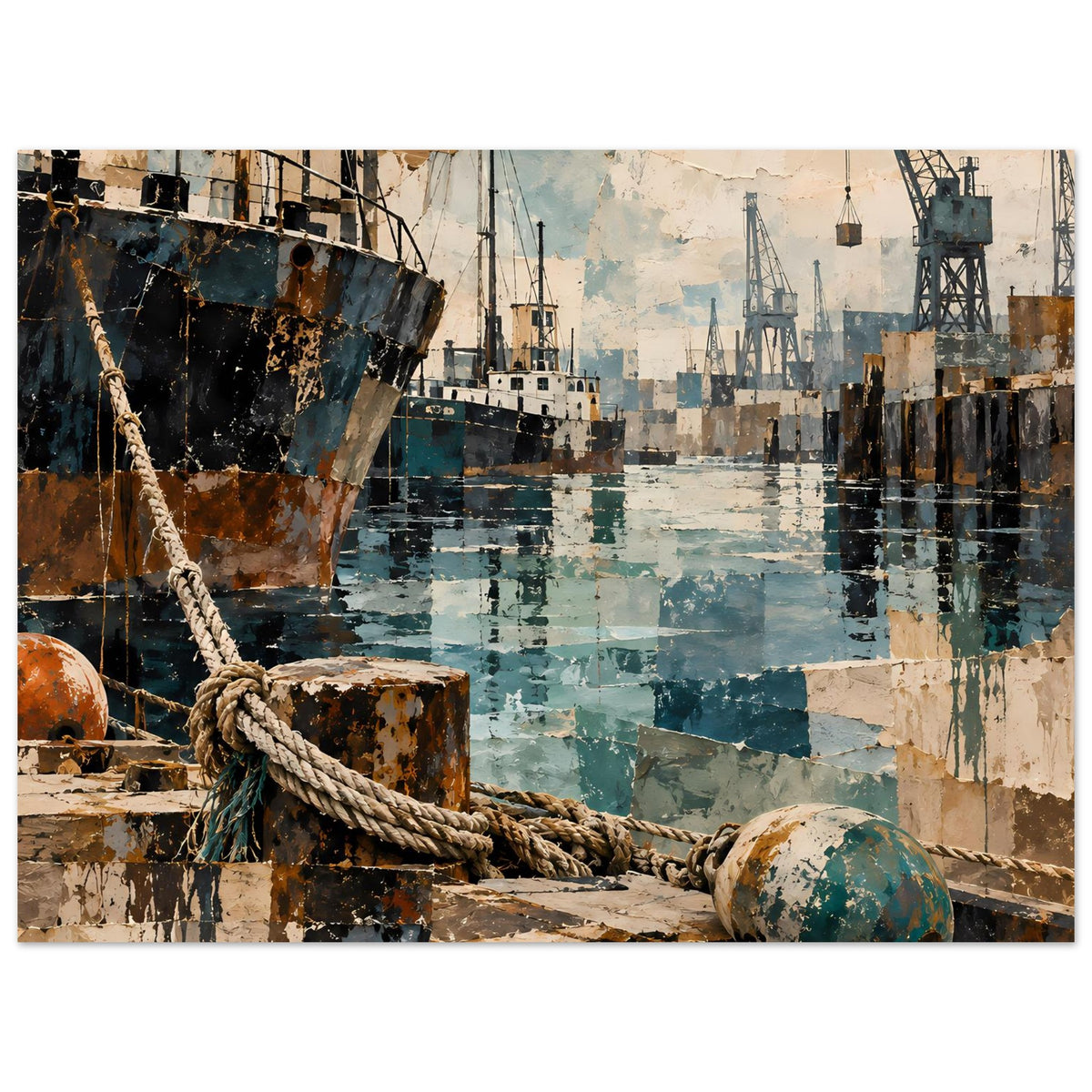 Maritimes Poster: Industriehafen mit großem Schiff, Seil und Kränen im Bildausschnitt