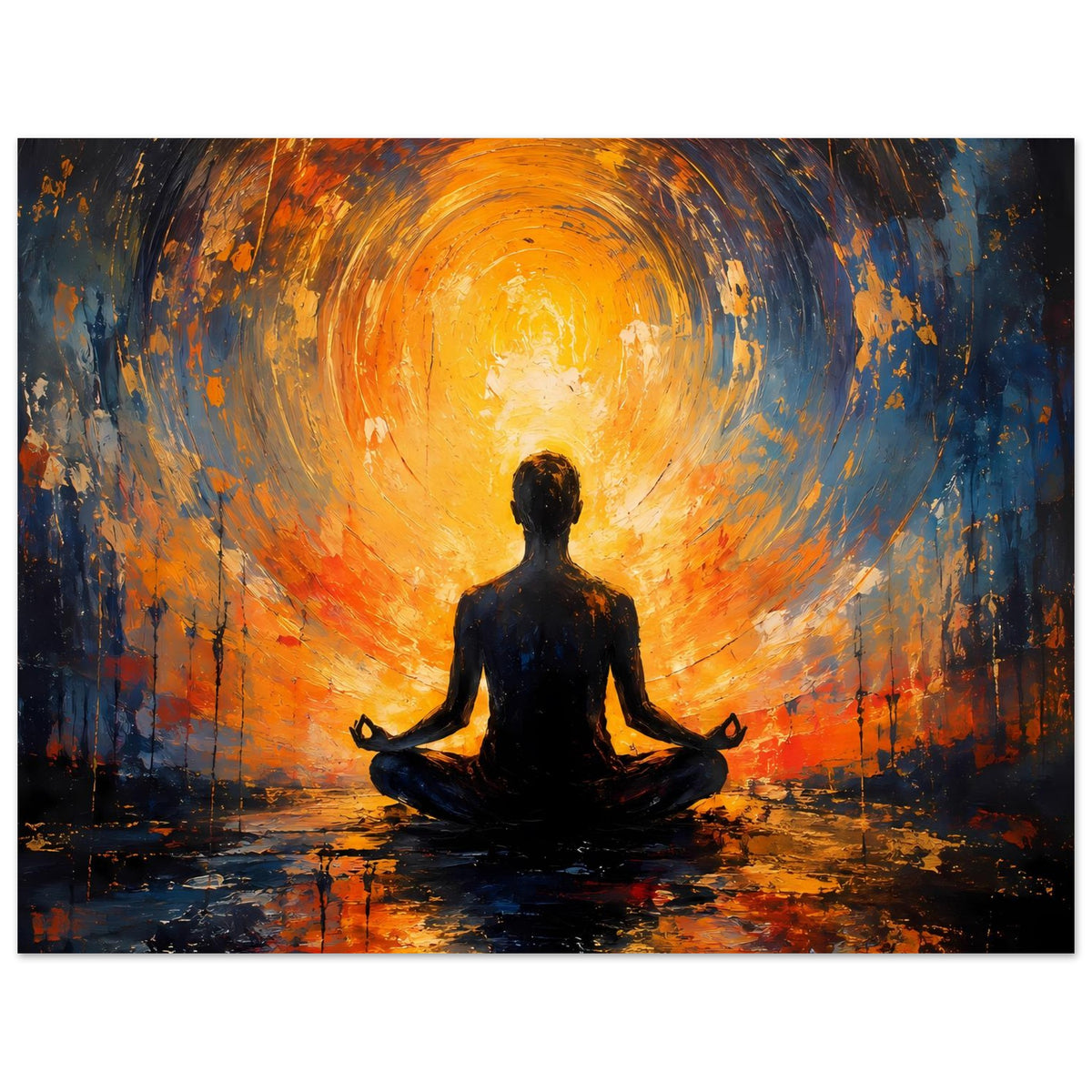 Abstraktes Poster mit zentraler Meditationsfigur im Lotussitz und orange-blauem Lichtkreis.
