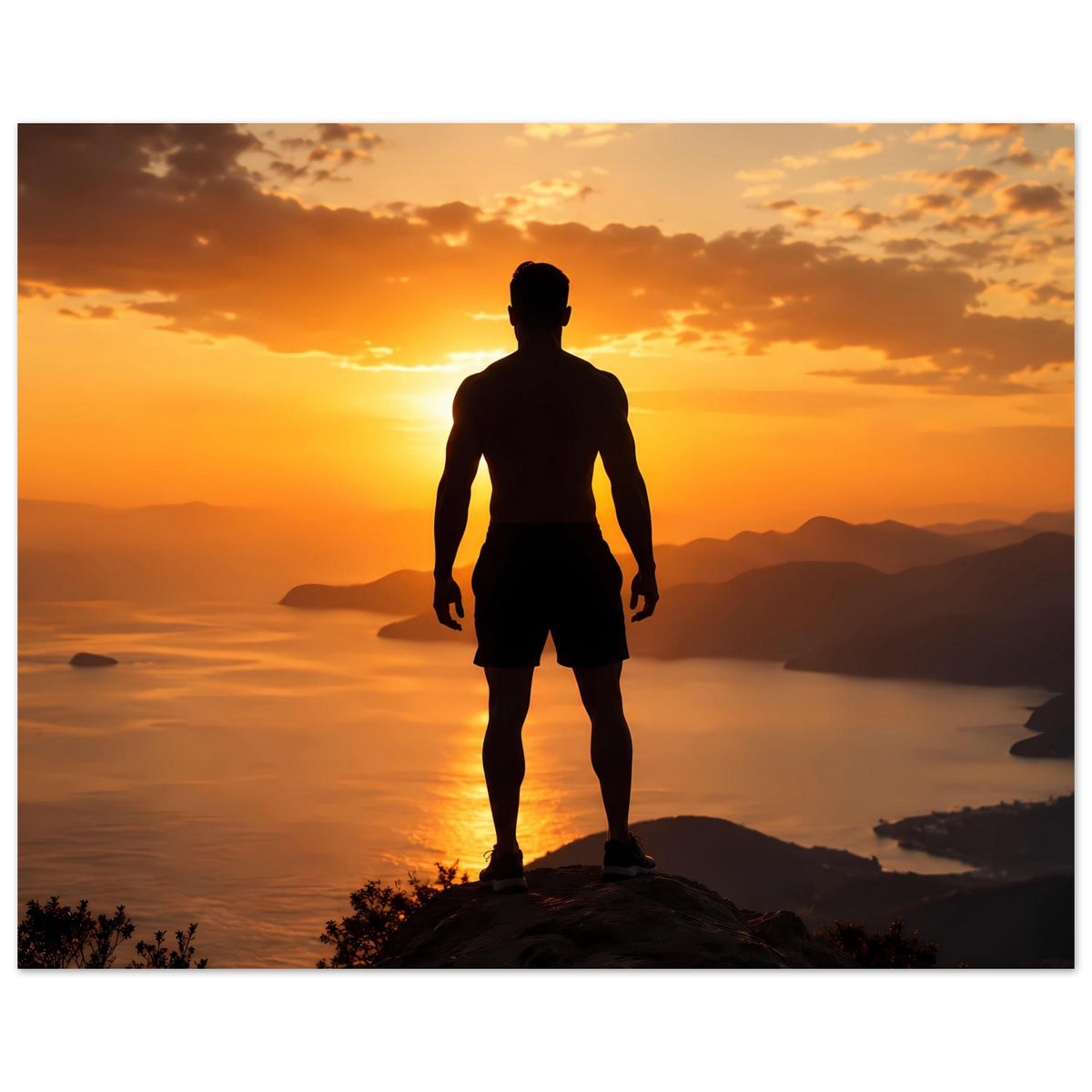 Horizontales Poster mit Silhouette eines Mannes im Gegenlicht eines Sonnenuntergangs