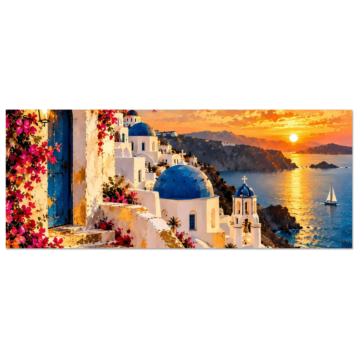Breites Poster Santorini: Küste mit Segelbooten, weißes Gebäude, blaue Kuppel, orangefarbener Abendhimmel