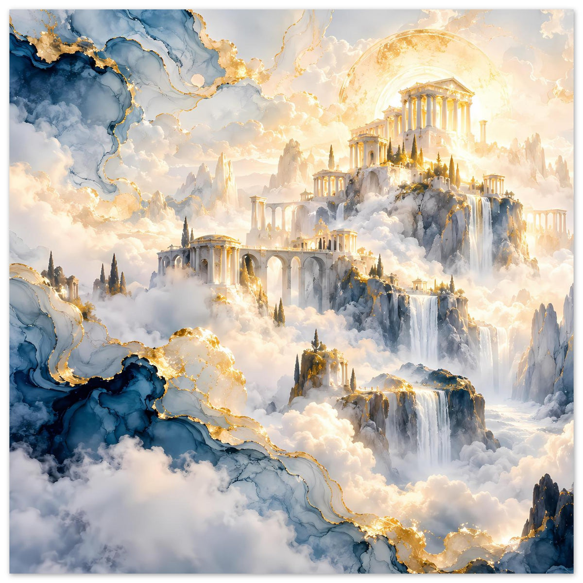 Querformat-Poster mit blauem Wolkenmeer, goldenen Verzierungen und einer Tempelstadt im Nebel