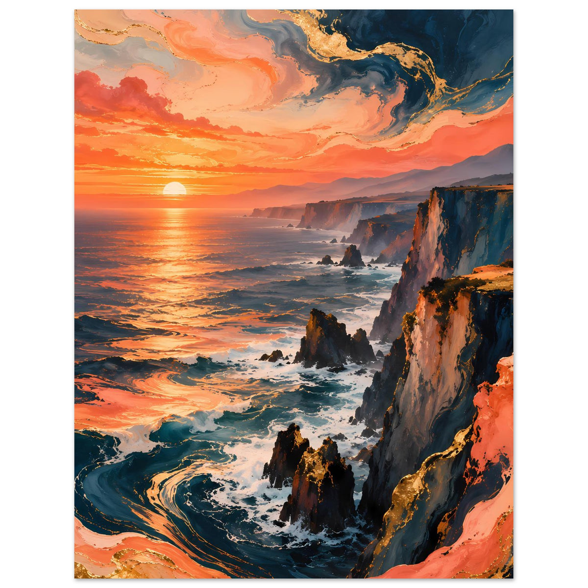 Wandposter im Hochformat mit Sonnenuntergang, Felsklippen am Meer und bunten Wolken