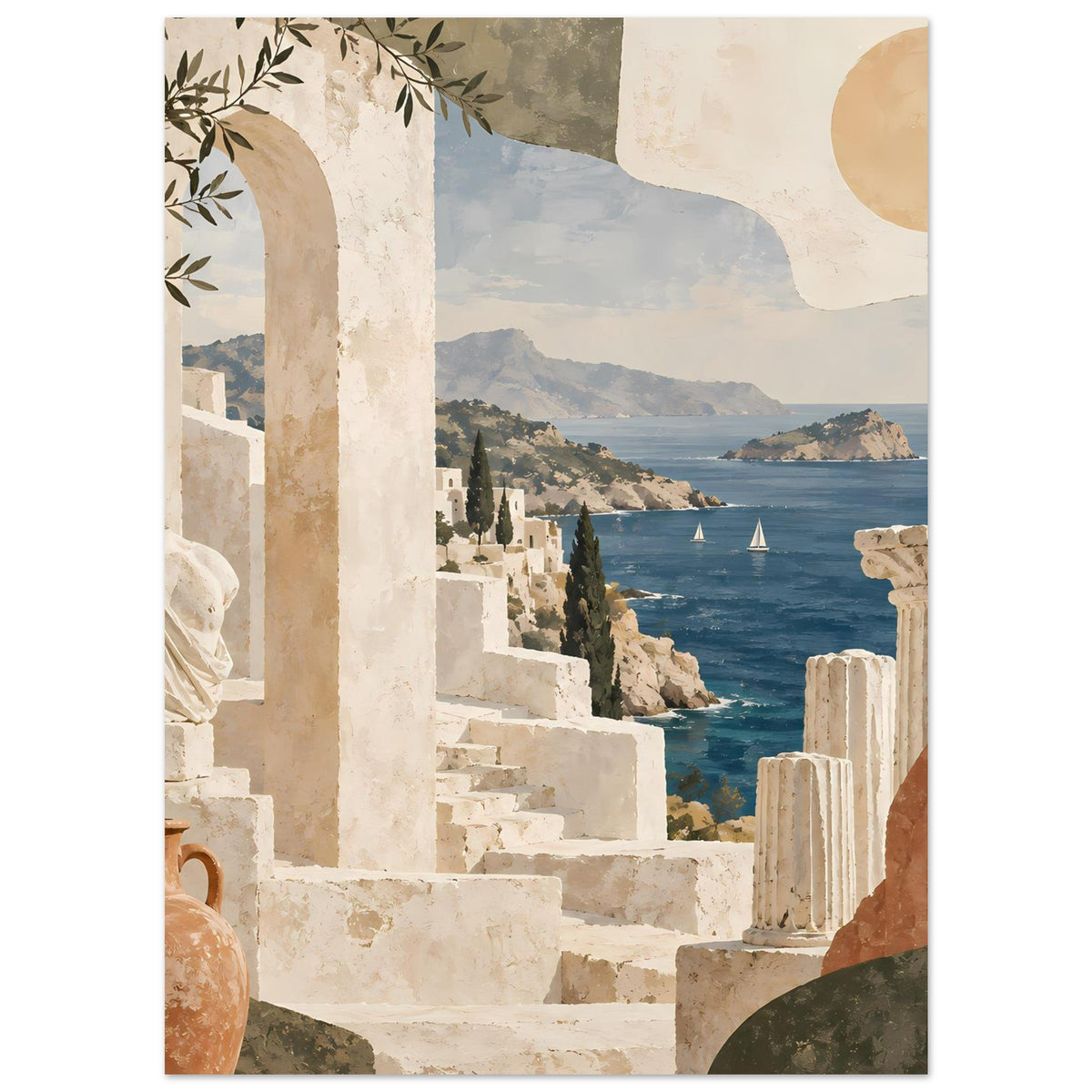 Urlaubs-Poster: Treppen und Säulen an der Küste, See mit Segelbooten im Hintergrund