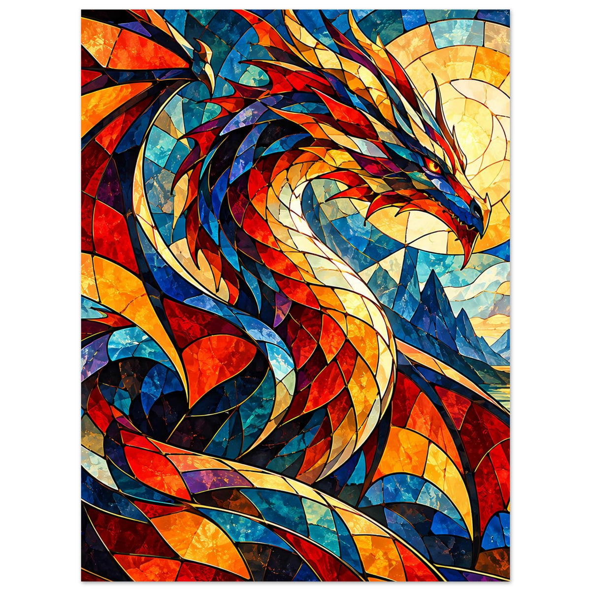 Drachen-Glasmalerei-Poster: bunter Drachenkopf im Glasmalerei-Look, klare Kontraste