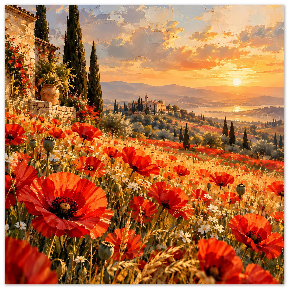 Poster Querformat mit rotem Mohn und Landschaft bei Sonnenuntergang, Sonne am Horizont
