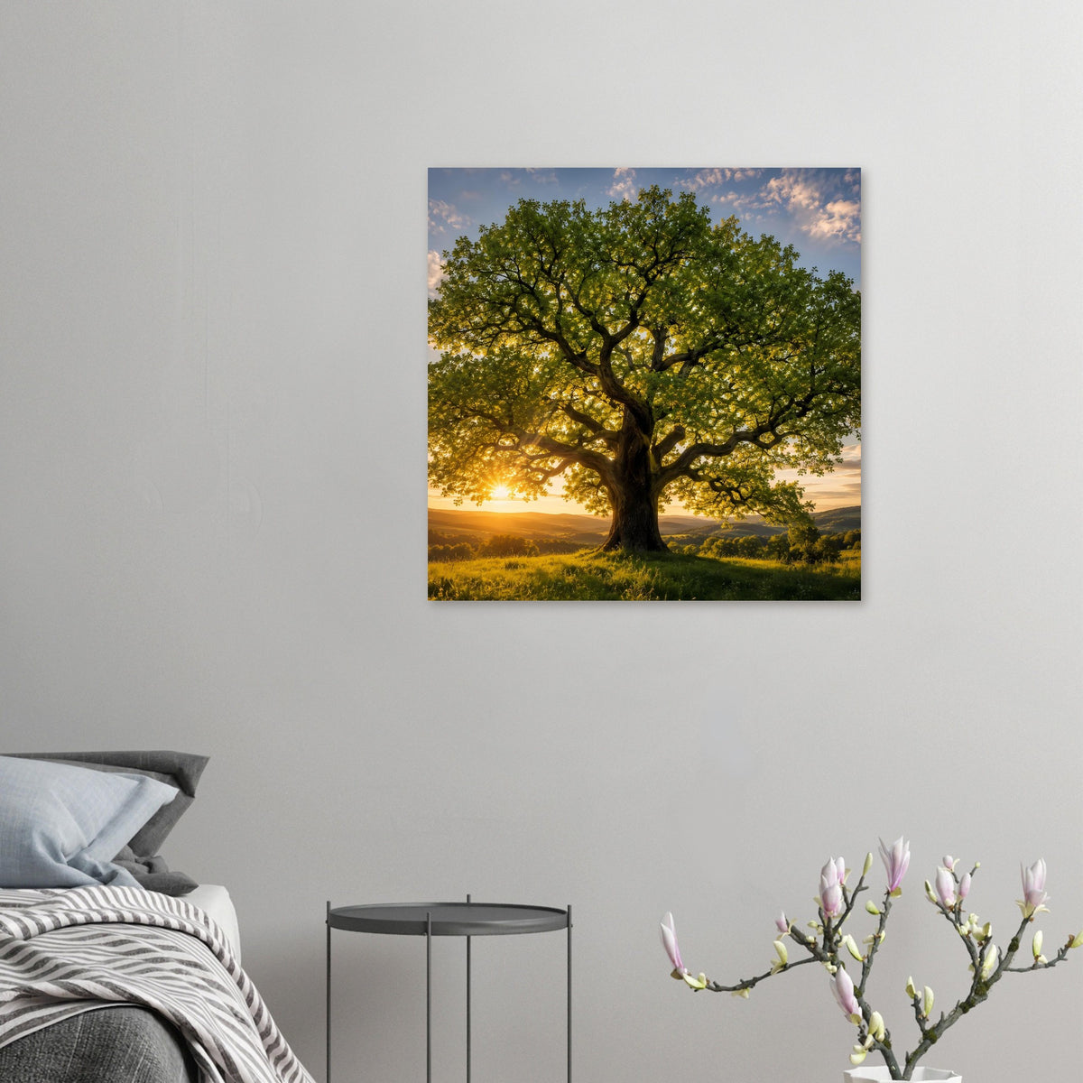 Kleines Wandbild-Poster mit Baum und Sonnenuntergang, grüne Krone im Lichtspiel