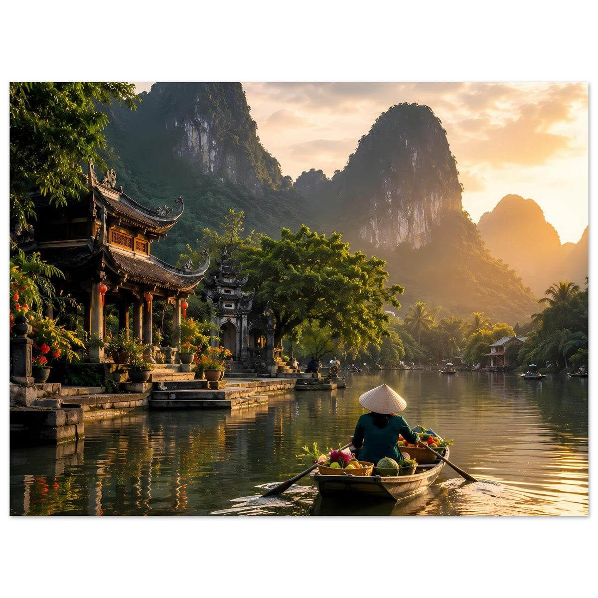 Fotoposter mit Fluss bei Sonnenuntergang, Boot mit Blumen, Tempel und Felsen am Ufer