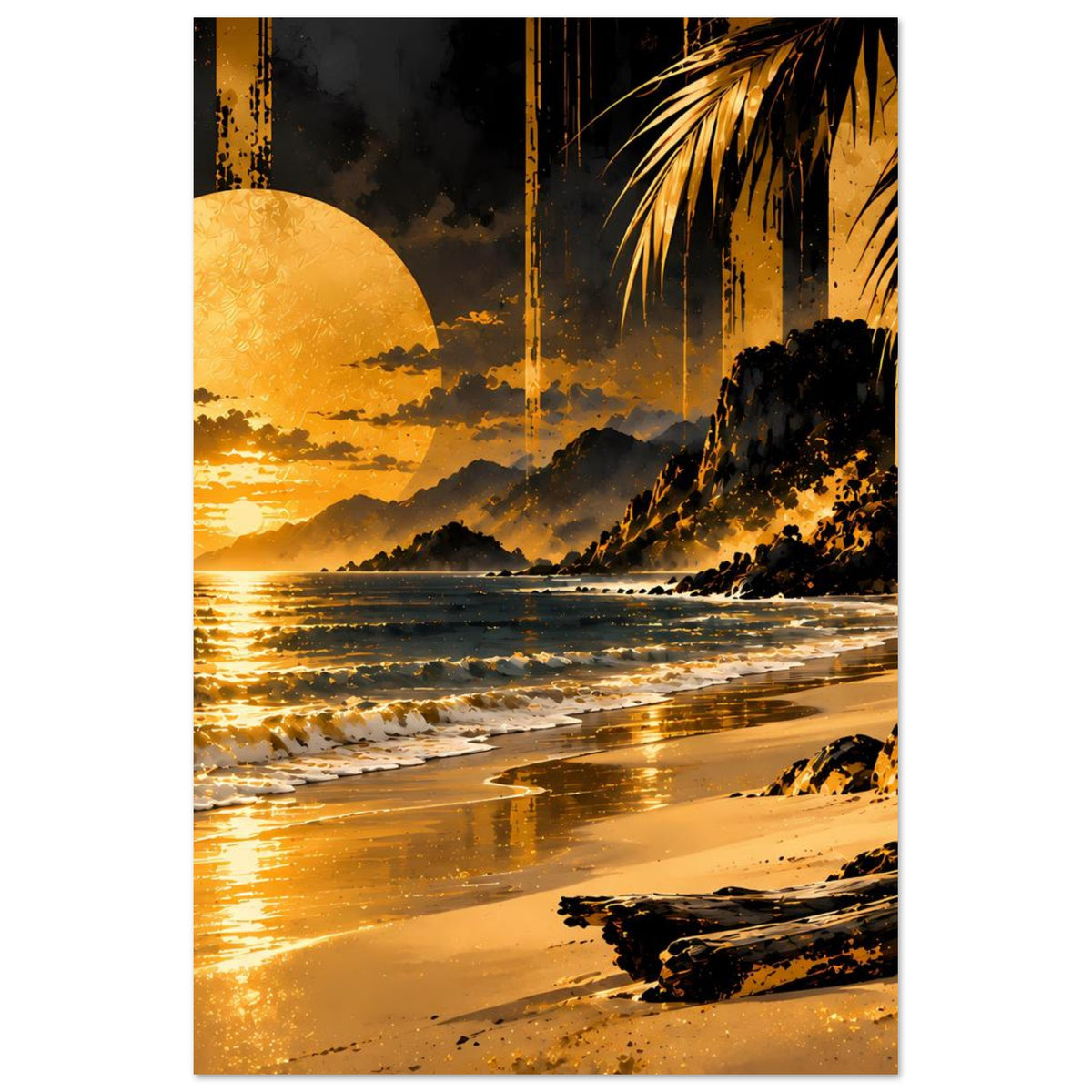 Hochformat-Poster mit Kreis-Sonne, Strand, Wellen und Palmen am Rand