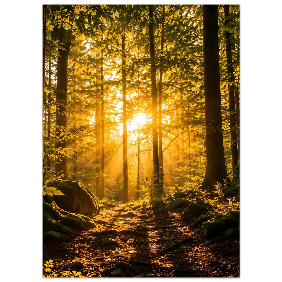Waldposter mit Lichtstrahlen im dichten Wald, Pfad zwischen Steinen und moosigen Bereichen