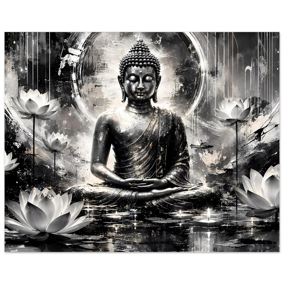Buddha-Kunstposter horizontal, schwarzweiß: meditativer Buddha, Lotusblüten und Reflexionen