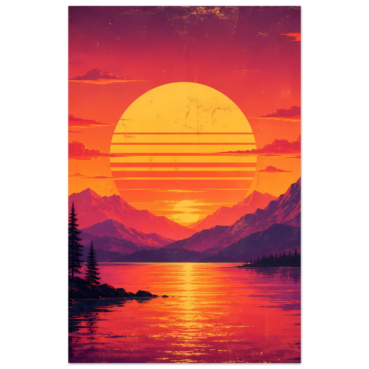 Poster mit Sonnenuntergang über Bergsee: gelbe Sonne, Berge, Tannen und Spiegelungen