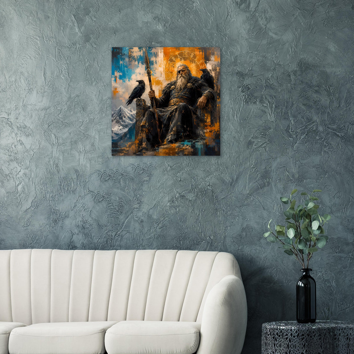 Poster mit Odin-Illustration und Rabe, bunte Farbspuren in Blau und Orange im quadratischen Druck