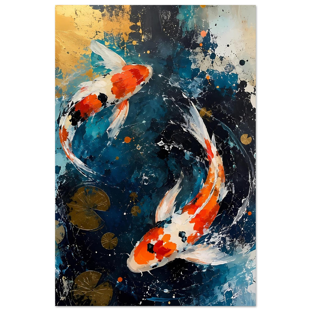 Wandposter im Rahmen mit zwei Koi-Motiven in Orange und Blau, viele Sprenkel und Farbwirbel