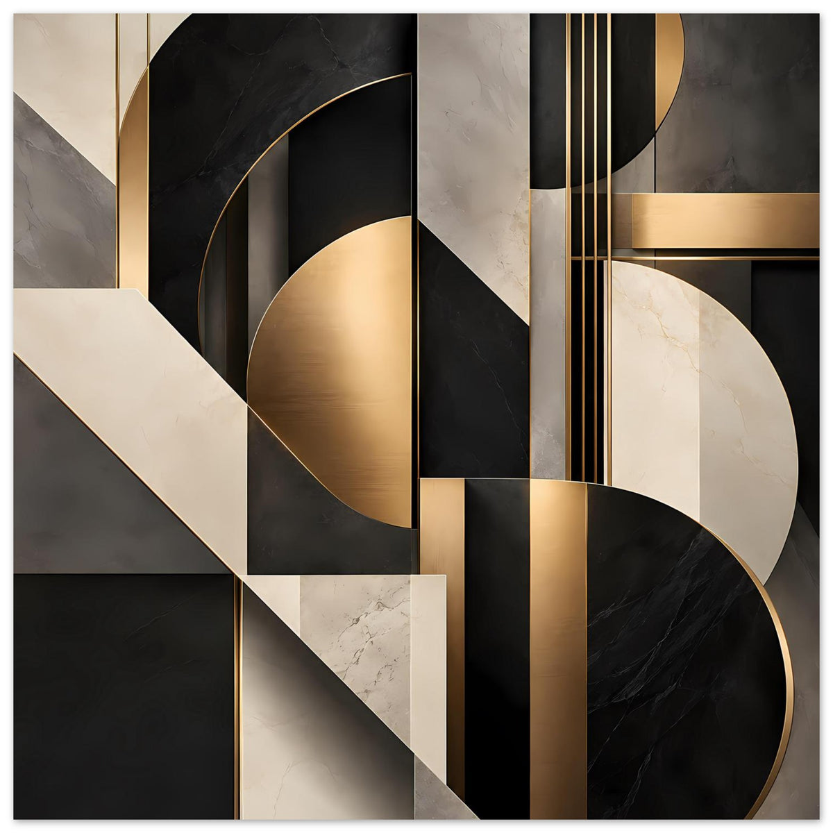 Geometrisches Kunstposter Nahaufnahme: großer goldener Bogen, schmale Linien und marmorartige Kacheln