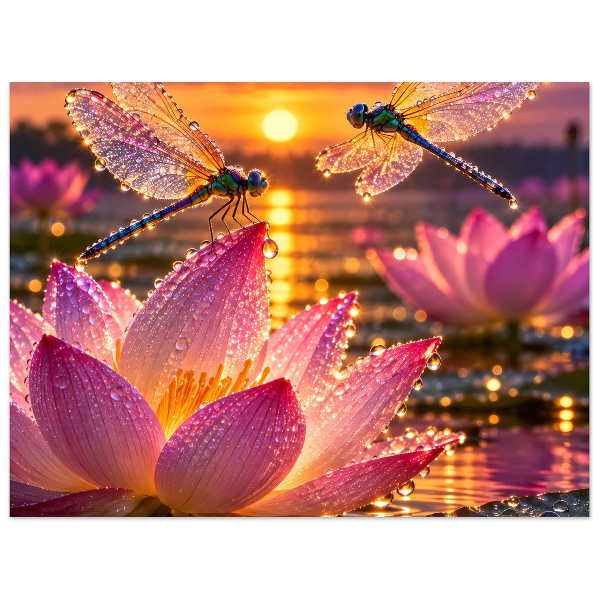 Hochformat-Poster: schimmernde Libellen auf rosa Lotusblüten mit warmem Licht hinter ihnen