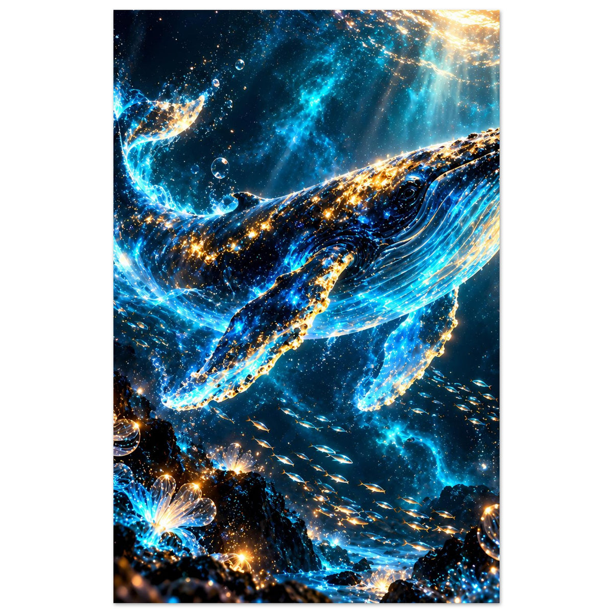 Wandposter mit zwei leuchtenden Walen im Meer, goldene Punkte und blaue Strahlen