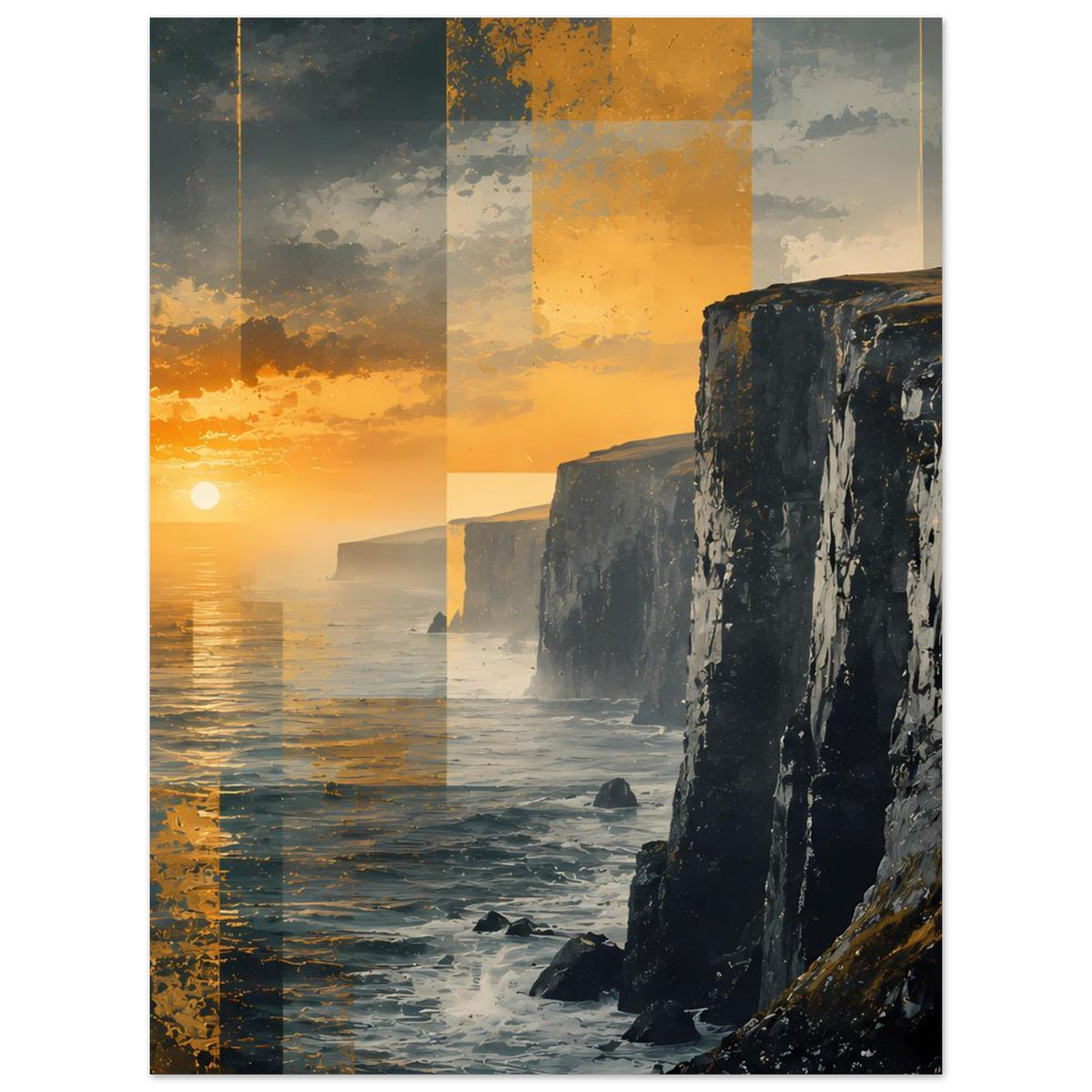 Hochformatiges Poster mit Sonnenuntergang über Meer und steilen Klippen, warmes Orange