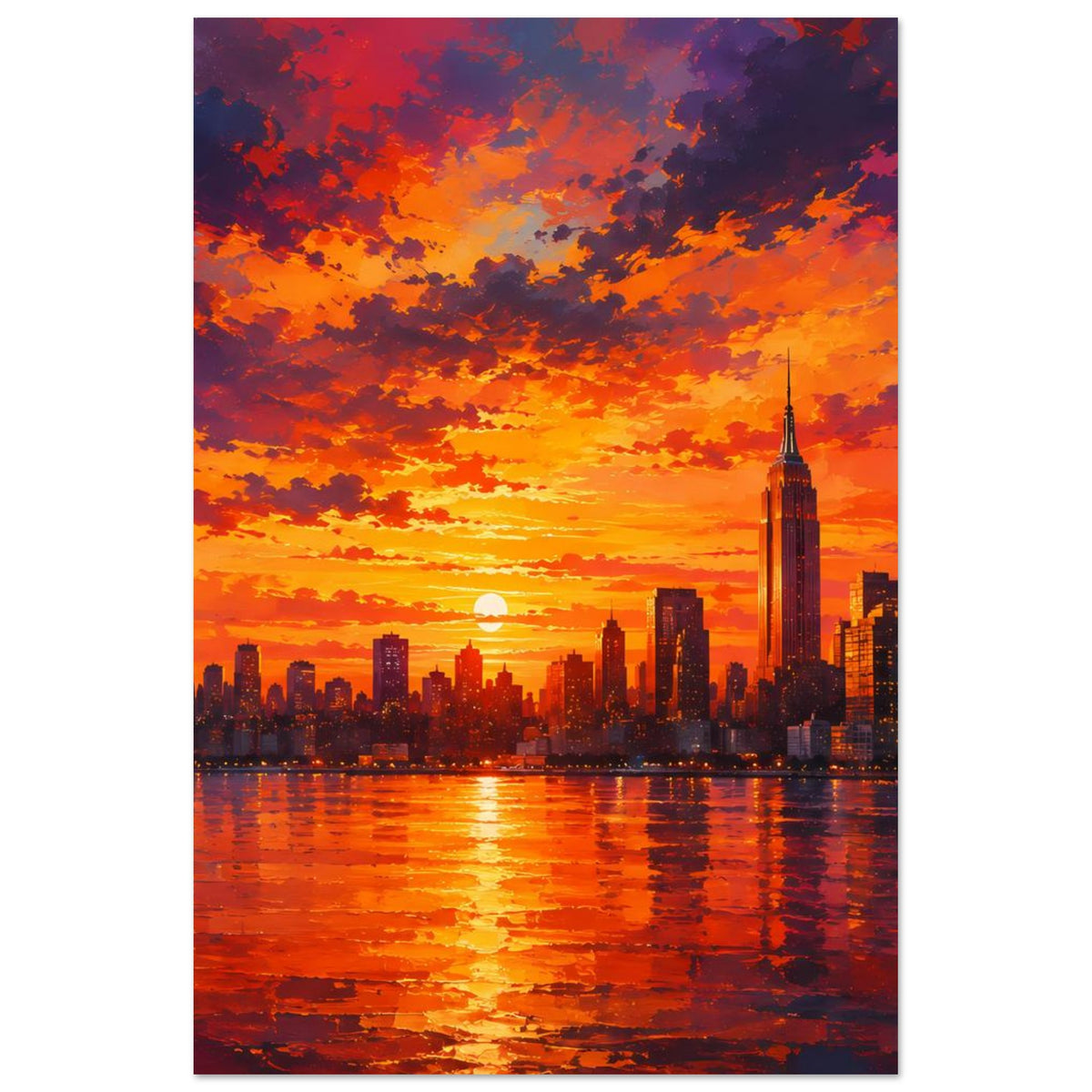 Vertikales Poster mit Skyline-Sonnenuntergang, orangefarbene Wolken und glänzendes Wasser