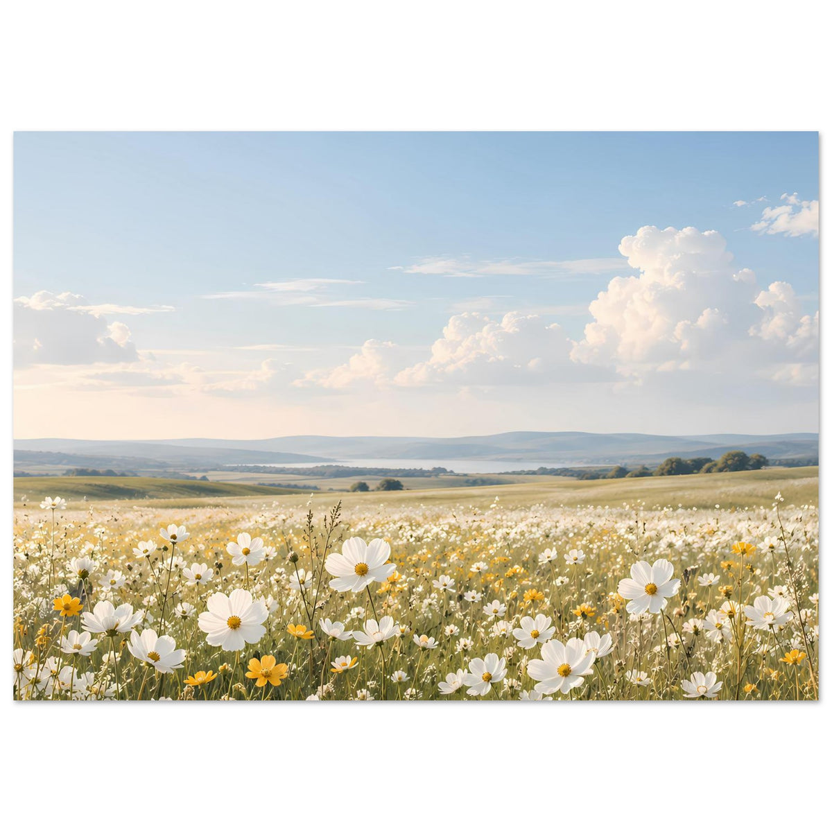 Wandposter mit Blumenwiese aus weißen Margeriten, gelben Blüten und weiter Hügellandschaft
