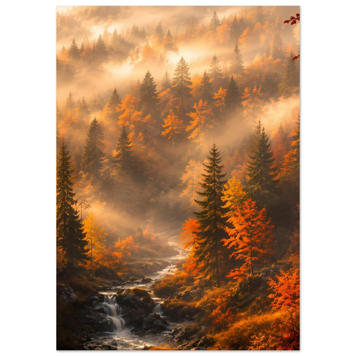 Herbstlandschafts-Poster mit Nebel über dem Wald, Tannen und farbigen Herbstkronen am Bach