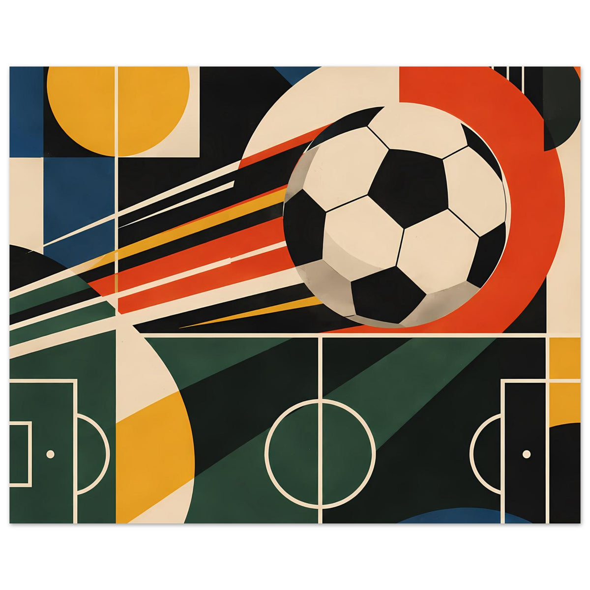 Fußballkunst-Poster im Rahmen mit großem Ball, Stadionlinien und Streifen in bunten Farben.