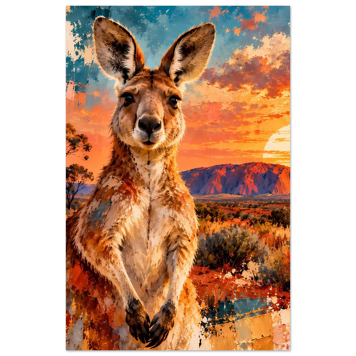 Poster mit Känguru bei Sonnenuntergang auf mattem Premium-Papier, hochkant