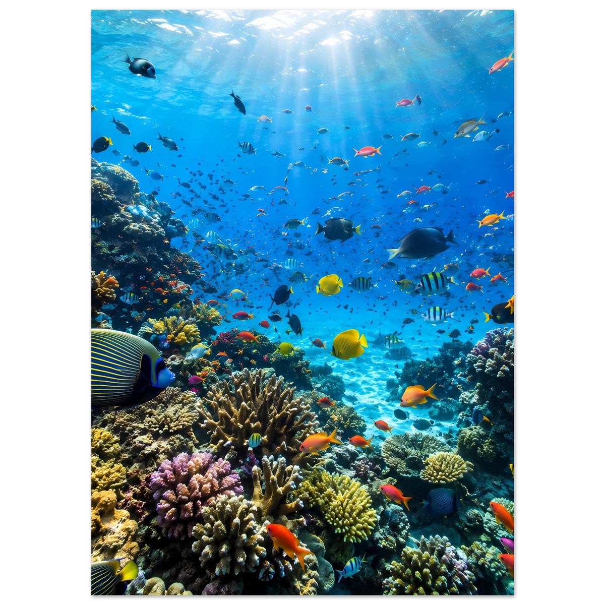 Korallenriff-Poster: viele kleine Fische über Korallen und großen Fischen im Blauen