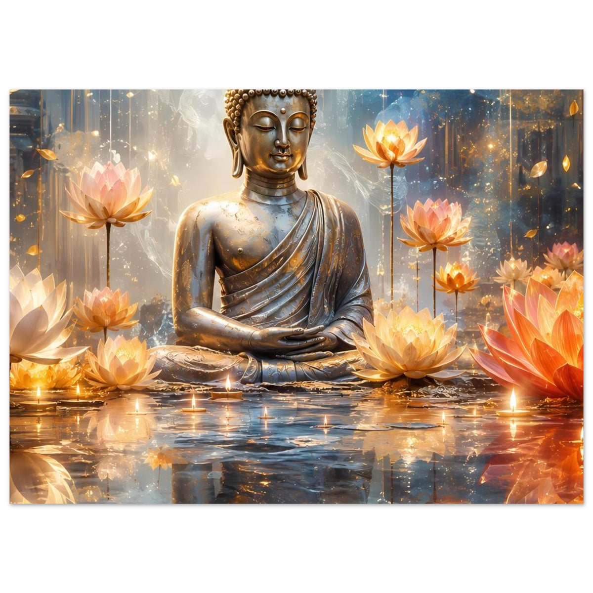Wandposter mit meditiertem Buddha und goldfarbener Sitzfigur sowie leuchtenden Lotusblüten.