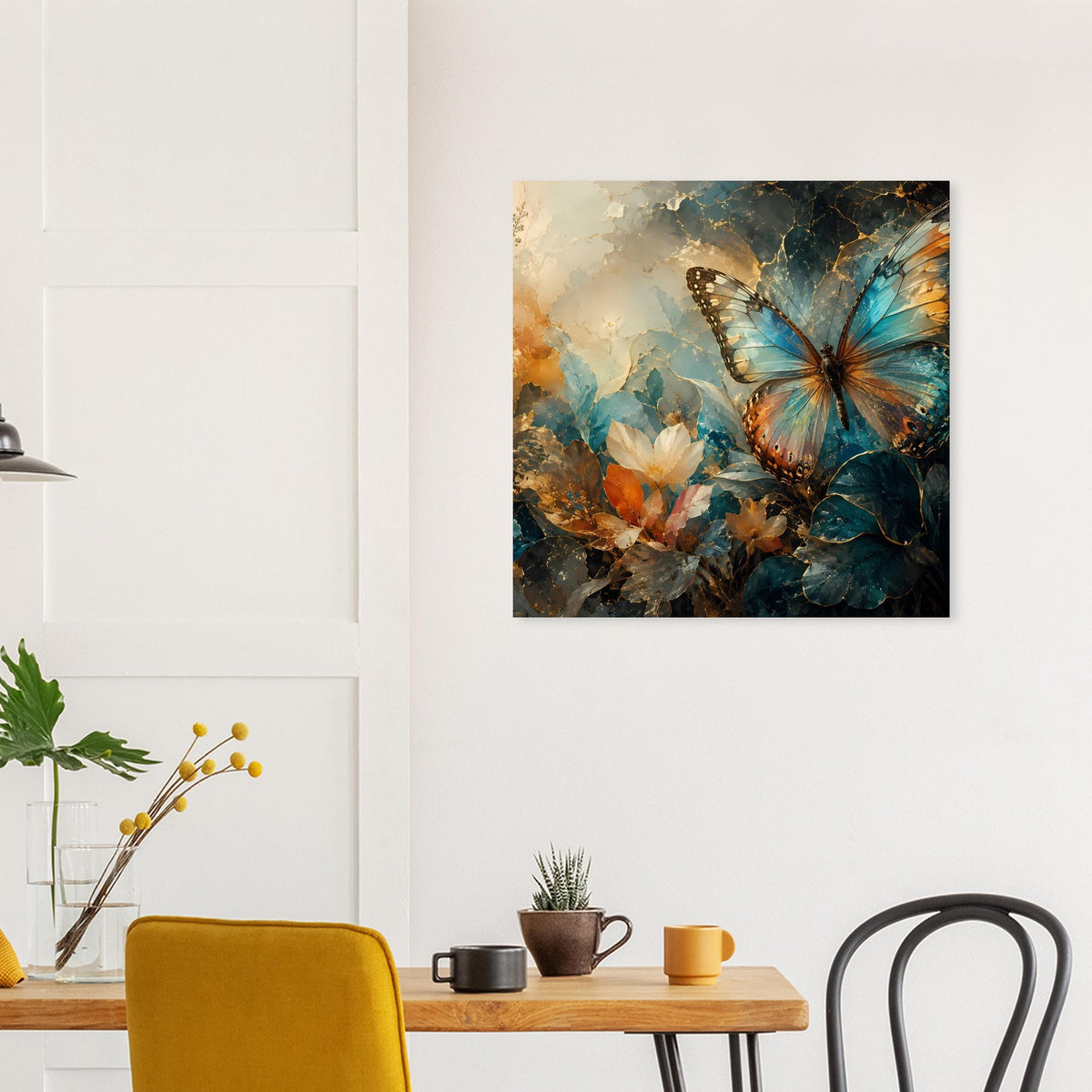 Quadratisches Poster mit Schmetterlingsmotiv in warmen Blautönen und goldenen Highlights