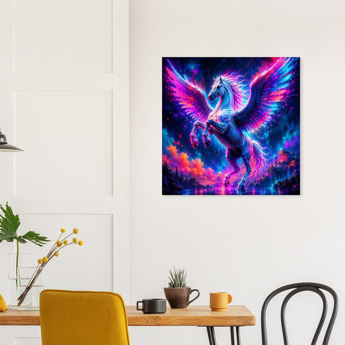 Quadratisches Pegasus-Poster mit leuchtendem Pegasus und Regenbogen-Neonfarben, schwarz gerahmt